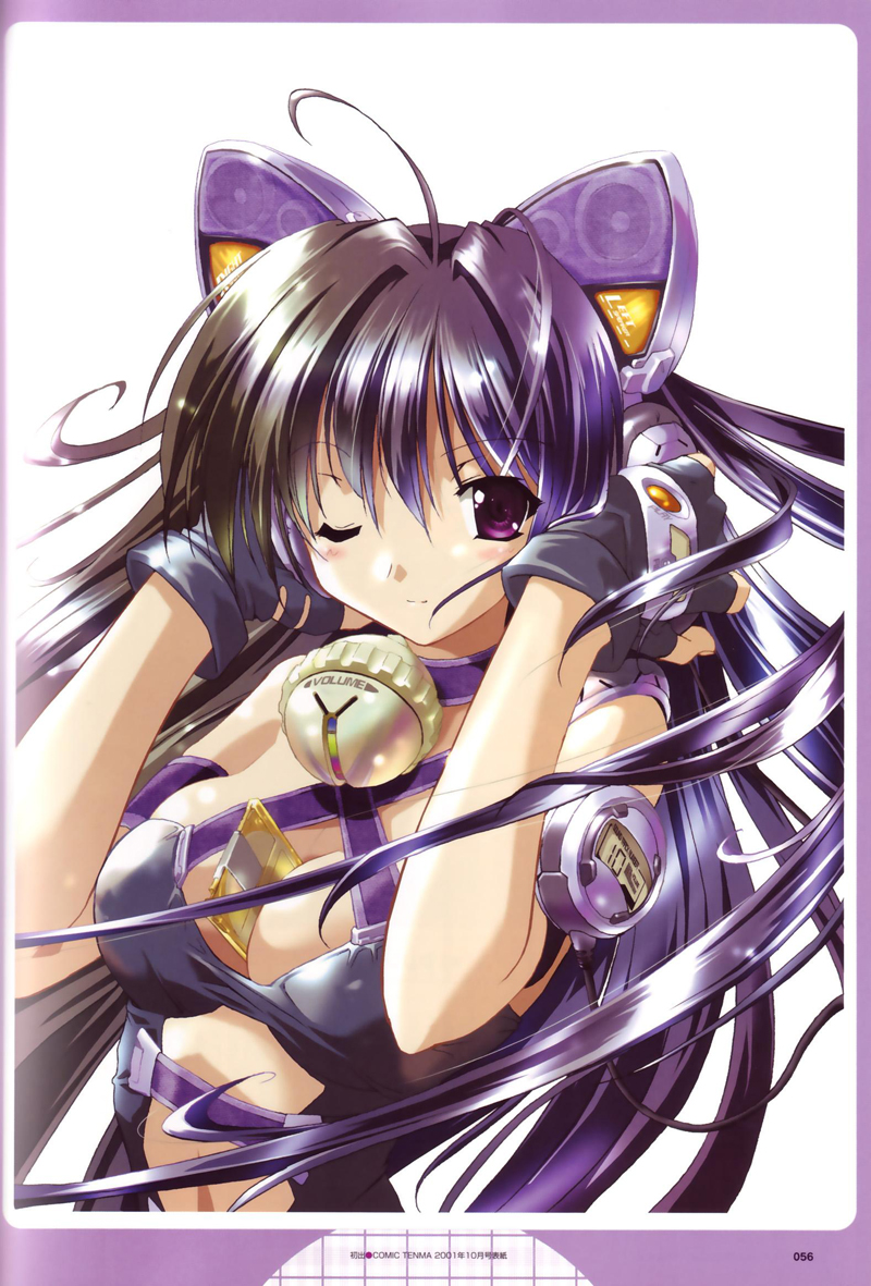 komatsu eiji, 1girl, ahoge, animal ear headphones, animal ears, antenna hair, bell, between breasts, breasts, cat ear headphones, cat ears, cleavage, collar, fake animal ears, female focus, fingerless gloves, gloves, gradient hair, hand on own ear, hands on headphones, headphones, jingle bell, large breasts, long hair, mecha, minidisc, multicolored hair, neck bell, one eye closed, purple eyes, robot, simple background, solo, white background, wink