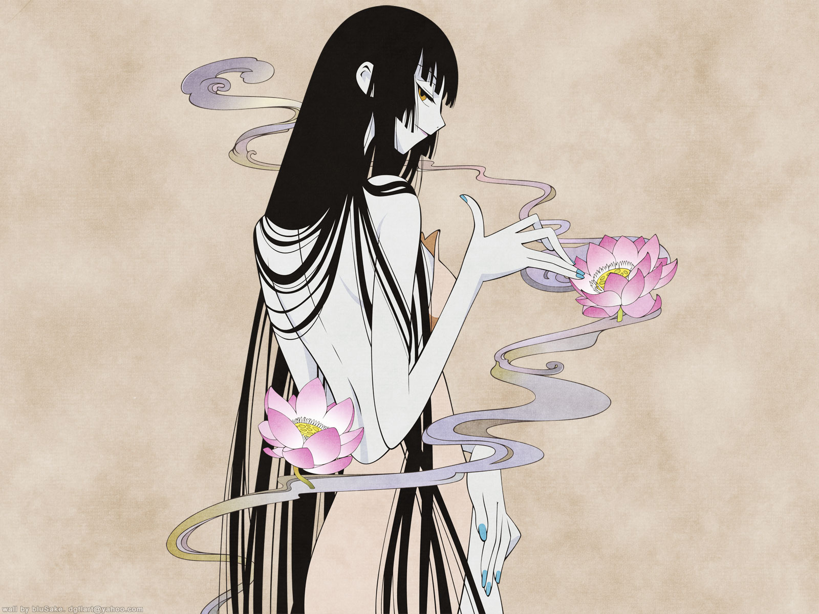 ichihara yuuko, xxxholic, sepia background, highres, 00s, 1girl, back, black hair, blue nails, blunt bangs, dress, female focus, fingernails, flower, hime cut, long hair, looking back, lotus, nail polish, profile, smoke, smoke trail, solo