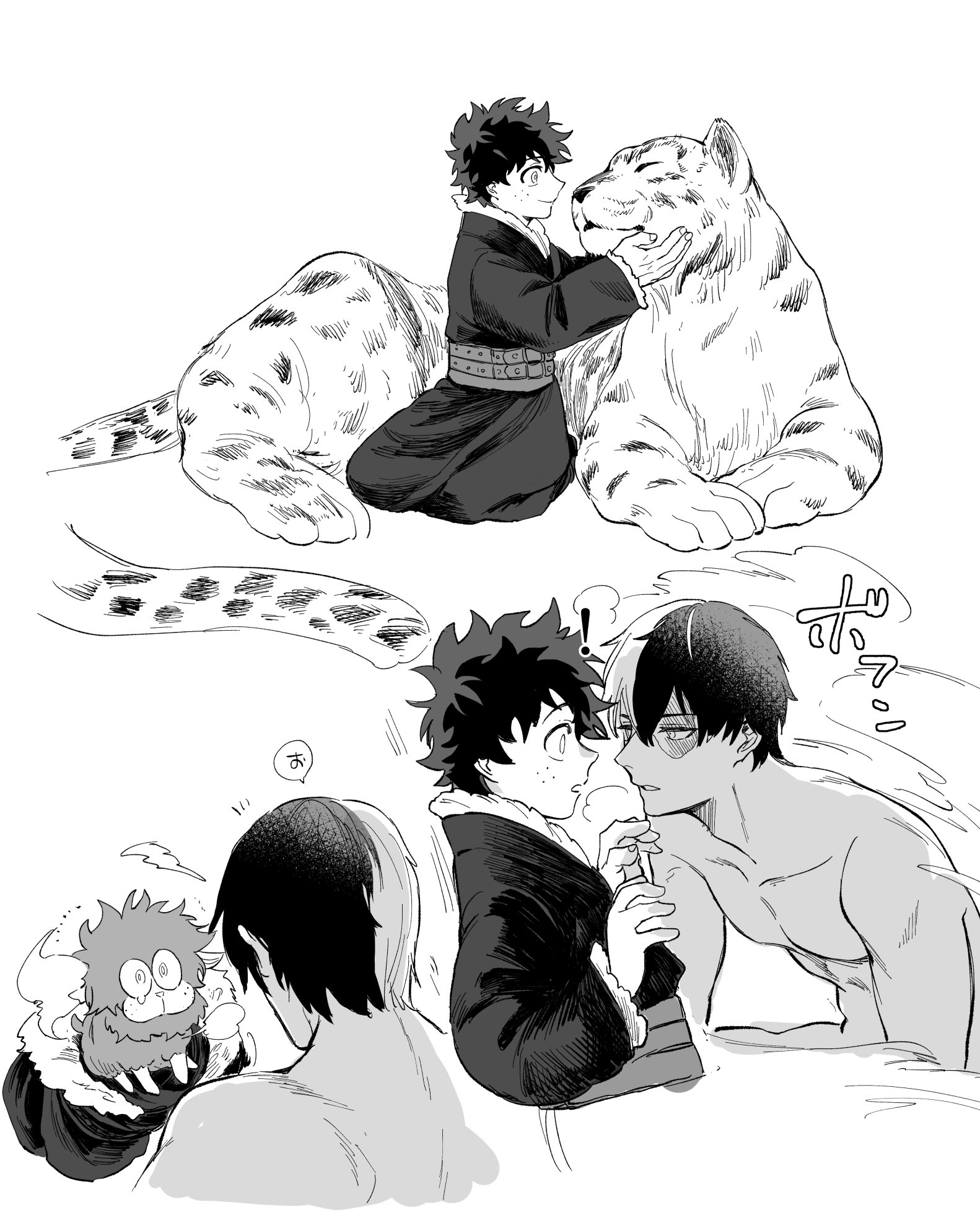 midoriya izuku, todoroki shoto, boku no hero academia, abs, coat, coicoimomi, freckles, looking at another, nervous, nude, pectorals, scar, sheep, smile, surprised, tears, tiger, tododeku, transformation, yai