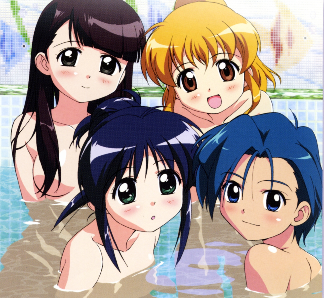andou mahoro, ooe chizuko, sakura miyuki, todoriki rin, mahoromatic, highres, bath, blonde hair, blue hair, blush, brown hair, nude, smile, water