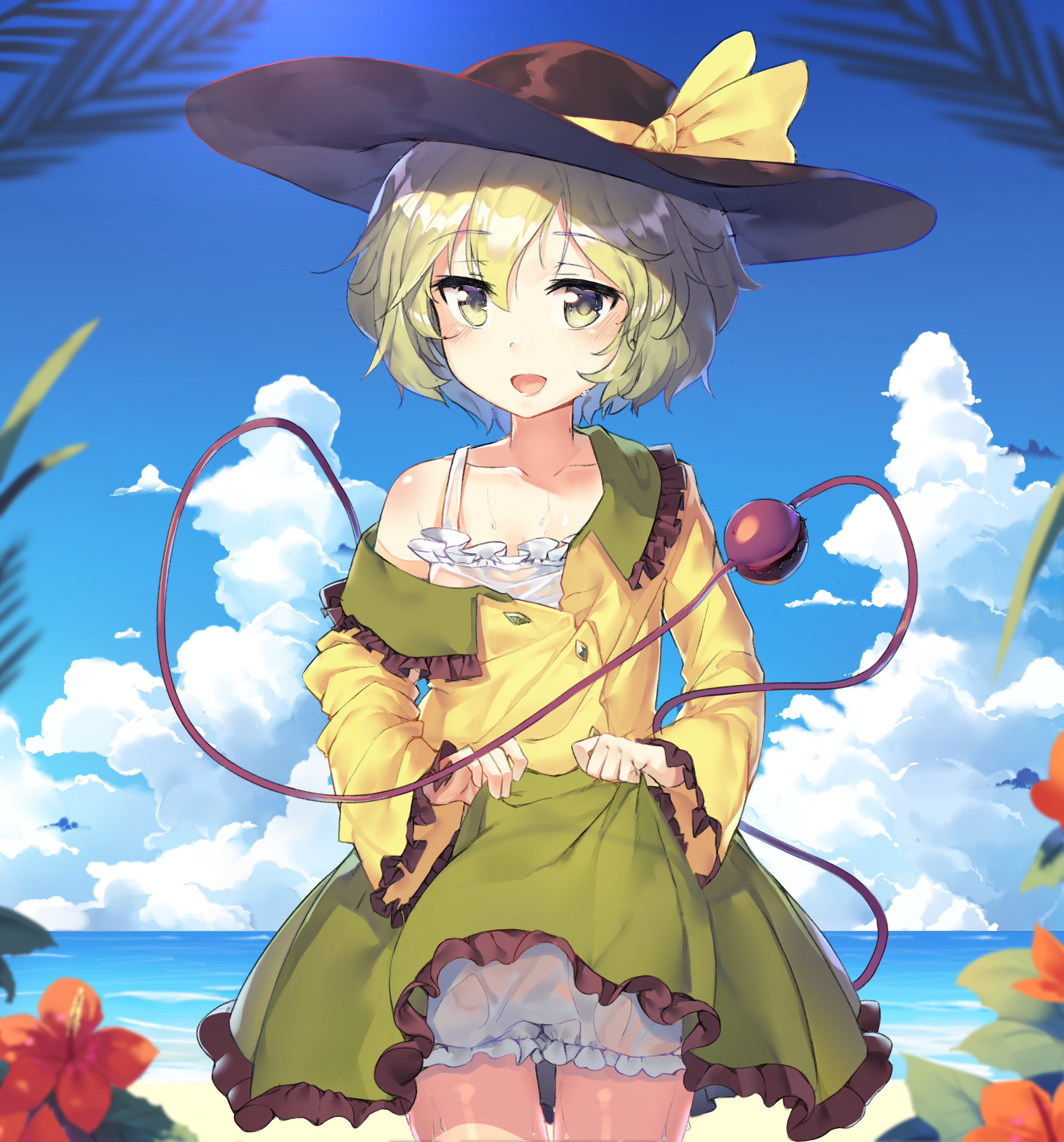 qqqq542, komeiji koishi, touhou, absurdres, commentary, highres, 1girl, :d, beach, black hat, bloomers, blue sky, blurry, blush, buttons, camisole, clothes lift, cloud, collar, collarbone, cowboy shot, depth of field, diamond button, flower, foliage, frilled collar, frilled skirt, frilled sleeves, frills, green eyes, green hair, green skirt, hat, hat ribbon, lips, long sleeves, ocean, open mouth, outdoors, partially unbuttoned, red flower, ribbon, shirt, short hair, skirt, skirt lift, sky, smile, solo, sweat, sweatdrop, thigh gap, thighs, third eye, unbuttoned, unbuttoned shirt, underwear, wet, wet bloomers, wet clothes, white bloomers, white camisole, yellow ribbon, yellow shirt