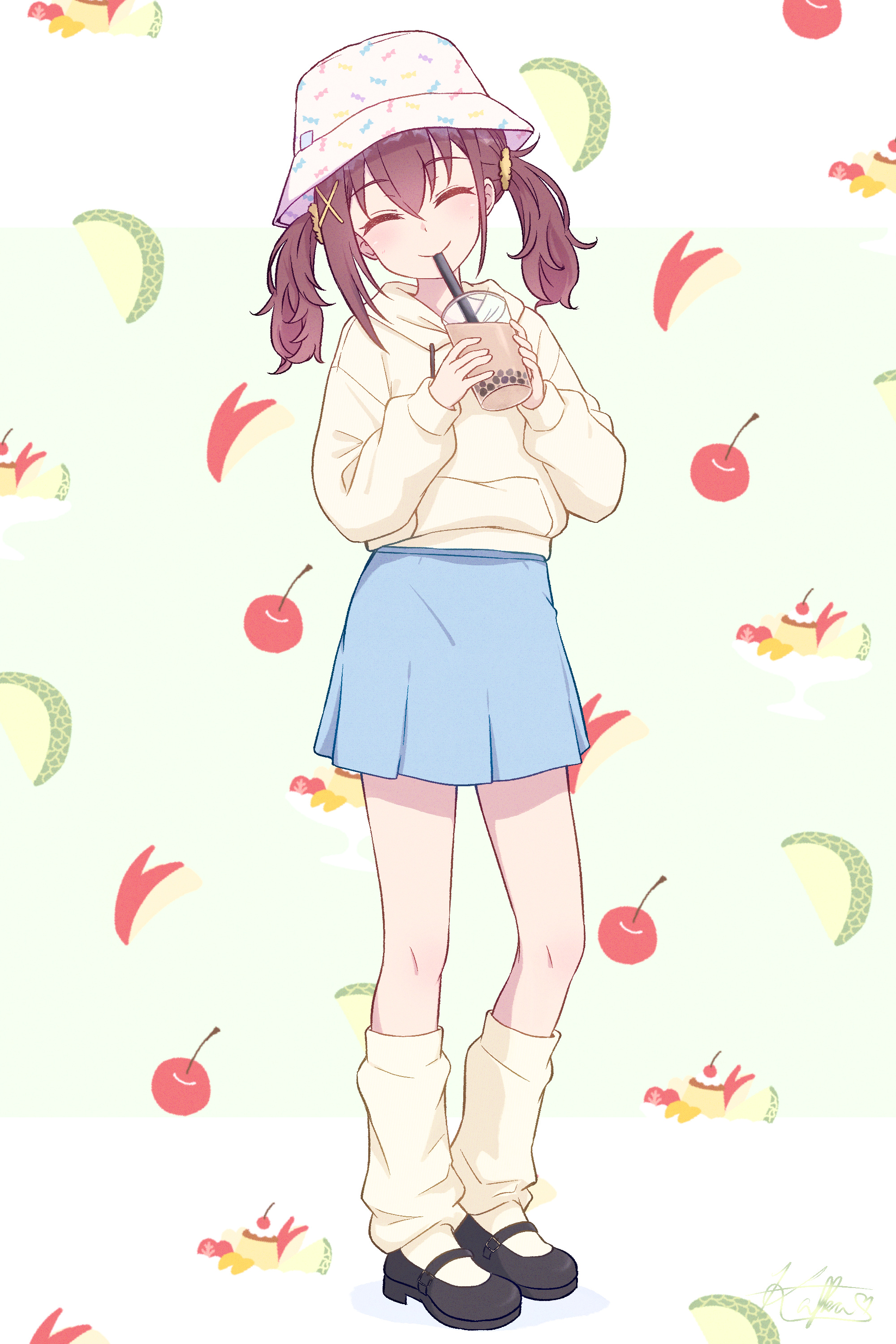 kafka963, furutachi kurea, hibi wa sugiredo meshi umashi, absurdres, highres, 1girl, black shoes, blue skirt, brown hair, bubble tea, closed eyes, closed mouth, cup, disposable cup, drinking, drinking straw, drinking straw in mouth, fruit background, full body, hair ornament, hair scrunchie, hat, holding, holding cup, hood, hoodie, long sleeves, scrunchie, shoes, skirt, socks, solo, standing, twintails, white hat, x hair ornament, yellow hoodie, yellow scrunchie, yellow socks
