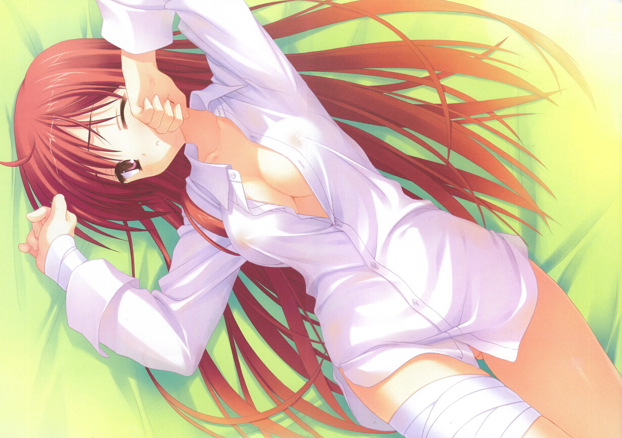 kobuichi, muririn, kifune mio, empty x embryo, 1girl, bandages, breasts, dress shirt, female focus, long hair, lying, no panties, one eye closed, open clothes, open shirt, red hair, shirt, solo, wink