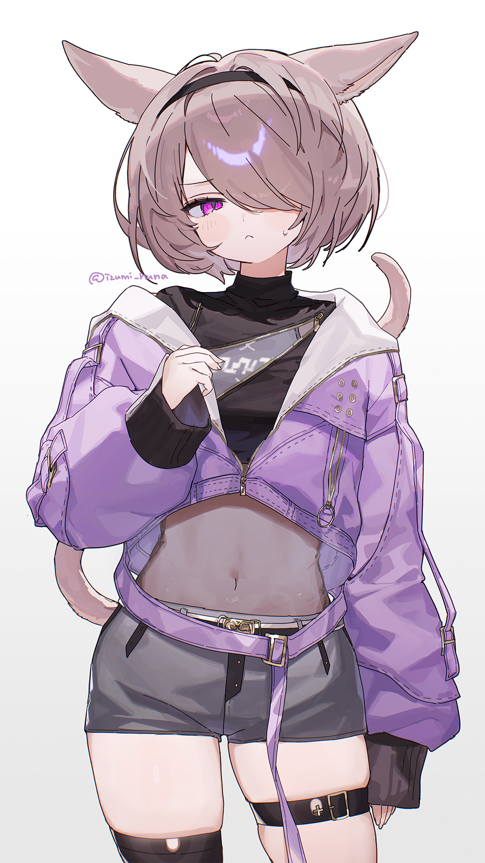 funa (sakana), warrior of light (ff14), final fantasy, final fantasy xiv, commentary request, highres, 1girl, :<, animal ears, arm at side, artist name, belt, black belt, black hairband, black shirt, black thighhighs, blush, cat ears, cat girl, cat tail, closed mouth, contrapposto, cowboy shot, cropped jacket, frown, grey hair, grey shorts, hair intakes, hair over one eye, hairband, half-closed eye, hand up, head tilt, jacket, long sleeves, looking at viewer, miqo'te, navel, one eye covered, parted bangs, partially unzipped, pink eyes, puffy long sleeves, puffy sleeves, purple jacket, see-through clothes, see-through shirt, shirt, short hair, short shorts, shorts, simple background, single off shoulder, single thighhigh, skindentation, sleeves past wrists, small sweatdrop, solo, standing, stomach, tail, tail raised, thigh belt, thigh strap, thighhighs, turtleneck, turtleneck shirt, twitter username, white background, zipper, zipper pull tab