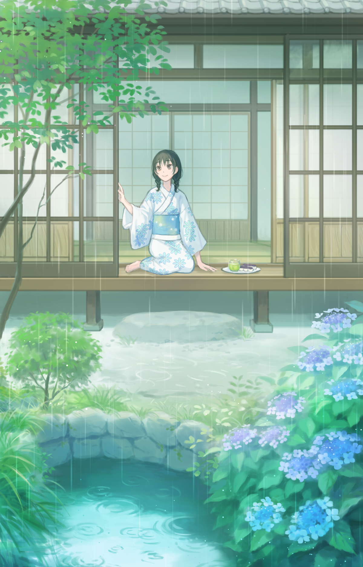 original, braided twintails, commentary, highres, 1girl, arm support, black hair, blue flower, braid, building, choppy bangs, closed mouth, drink, floral print, floral print kimono, flower, food, glass, hand up, japanese clothes, kimono, long sleeves, low twintails, medium hair, outdoors, plate, pond, print kimono, rain, ripples, shouji, sitting, sliding doors, smile, solo, tree, twintails, user fnsv4887, veranda, water, white kimono, wide shot, wide sleeves, yokozuwari, yukata