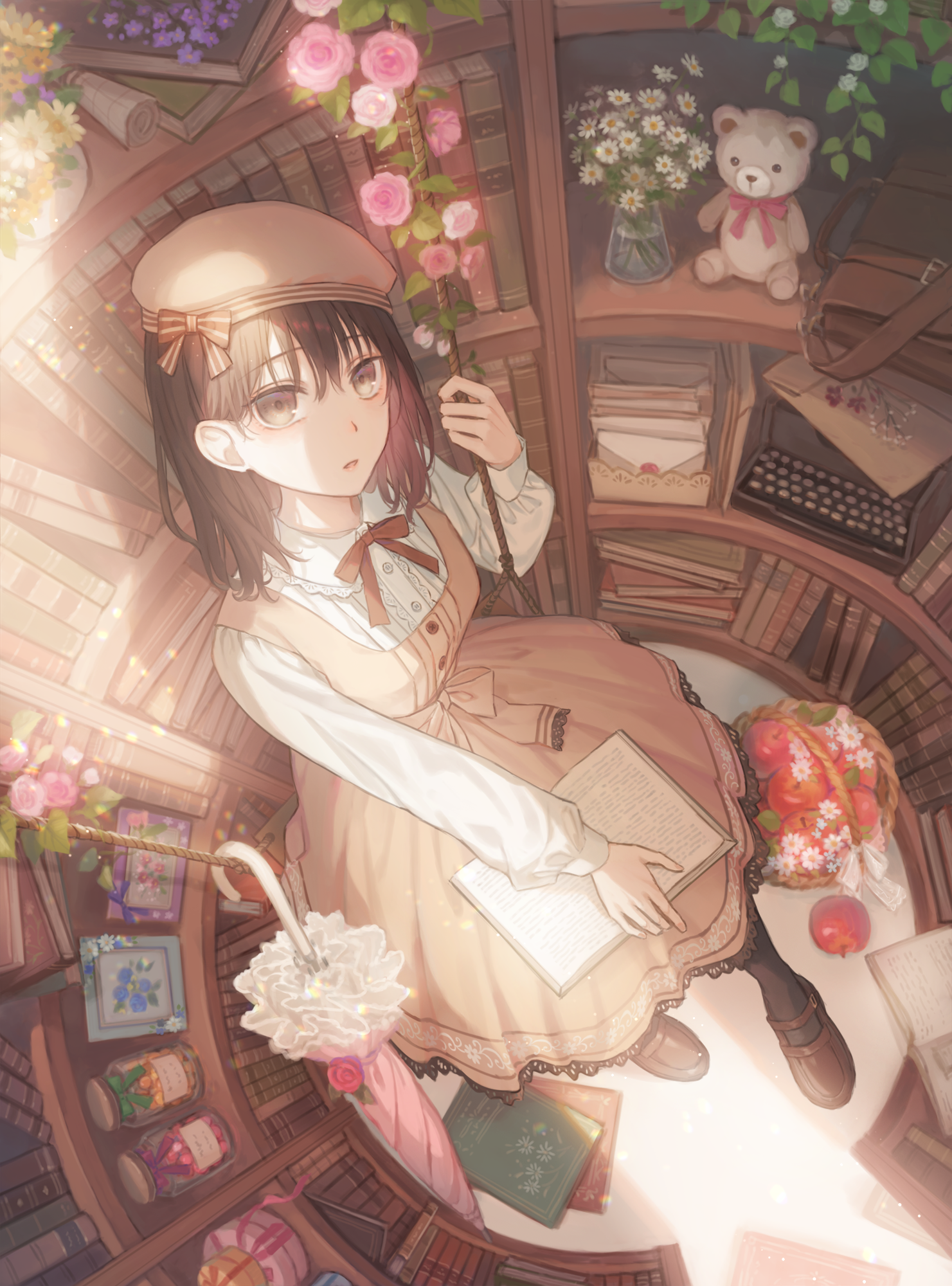 original, commentary request, highres, 1girl, apple, bag, basket, beret, black socks, book, bookshelf, bow, brown bag, brown bow, brown dress, brown eyes, brown hair, brown ribbon, brown shoes, brown thighhighs, buttons, center frills, choppy bangs, dress, dress bow, expressionless, flower, food, frilled shirt, frilled shirt collar, frills, from above, fruit, full body, hat, hat bow, holding, holding book, holding rope, indoors, jar, letter, long sleeves, looking at viewer, looking up, mary janes, medium hair, neck ribbon, on swing, open book, parted lips, picture frame, pinafore dress, pink flower, pink rose, pink umbrella, ribbon, rope, rose, school bag, shirt, shoes, sleeveless, sleeveless dress, socks, solo, stuffed animal, stuffed toy, swing, teddy bear, thighhighs, umbrella, user fnsv4887, vase, white flower, white shirt