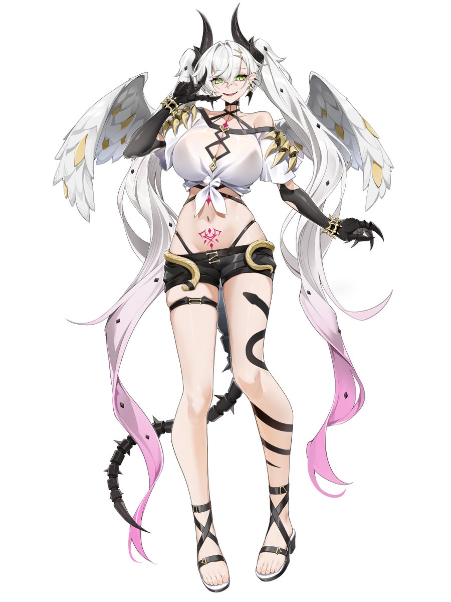 casul, lilith (fate), fate/grand order, fate (series), highres, 1girl, angel wings, black hands, black shorts, body markings, breasts, colored extremities, demon girl, demon horns, green eyes, grey hair, hair around horn, horns, huge breasts, long hair, looking at viewer, midriff, pointy ears, short shorts, shorts, skeletal tail, solo, stomach tattoo, tail, tattoo, tattoo between breasts, twintails, wings