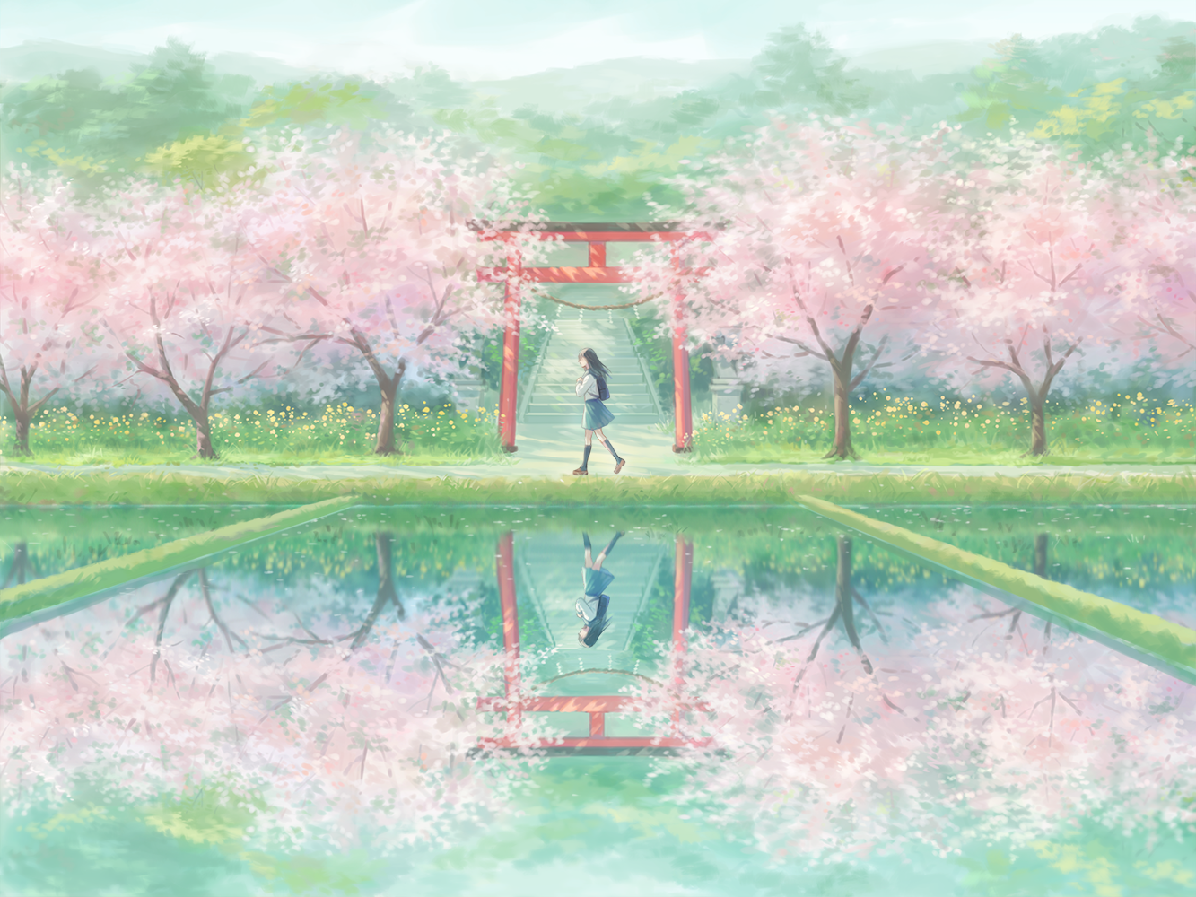 original, 1girl, backpack, bag, black hair, black socks, brown shoes, cherry blossoms, day, floating hair, from side, grey skirt, hand up, kneehighs, long hair, long sleeves, outdoors, pool, reflection, reflective water, scenery, school uniform, shirt, shoes, skirt, socks, solo, spring (season), stairs, torii, tree, user fnsv4887, walking, water, white shirt, wide shot