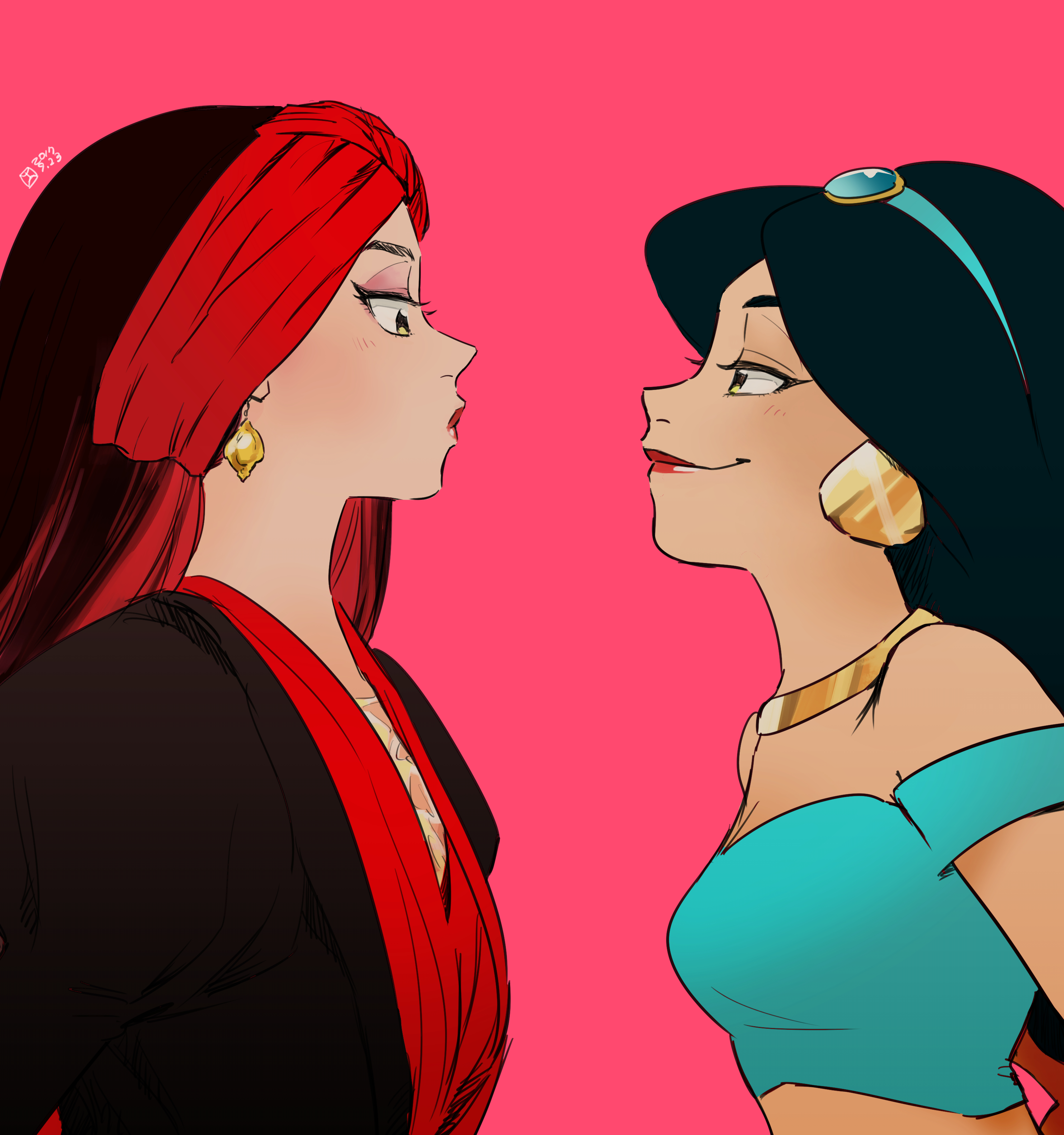 ksyjkysk, farja, jasmine (disney), aladdin (movie), disneyland, absurdres, highres, 2girls, animification, arabian clothes, black hair, dress, earrings, formal clothes, gloves, jewelry, lipstick, long hair, long sleeves, makeup, multiple girls, smile, upper body