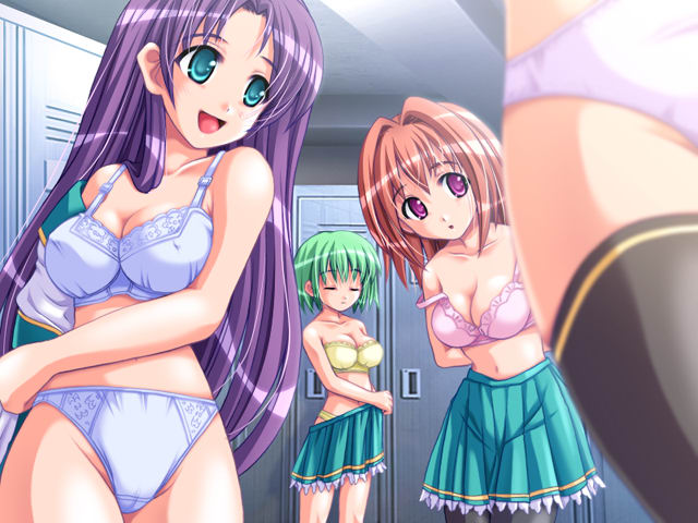 akaza, henshin!, black legwear, game cg, 4girls, :d, :o, arms behind back, bandeau, bare shoulders, blue bra, blue eyes, blue panties, bra, breasts, cameltoe, cleavage, close-up, closed eyes, collarbone, covered erect nipples, frills, from behind, green hair, hair intakes, indoors, lace, lace bra, lace panties, large breasts, lingerie, locker, locker room, long hair, multiple girls, navel, no panties, no shirt, off shoulder, open clothes, open mouth, open shirt, panties, pantyhose, parted bangs, pink bra, pink hair, pleated skirt, purple eyes, purple hair, school uniform, serafuku, shirt, short hair, skirt, smile, standing, strap slip, surprised, thighhighs, underwear, underwear only, undressing, very long hair, white panties, yellow bra, yellow panties
