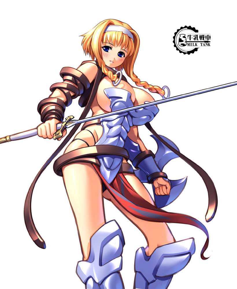 gunner-l, exiled warrior leina, leina (queen's blade), queen's blade, 00s, 1girl, armor, blonde hair, blue eyes, blush, braid, breasts, buckle, cleavage, female focus, hairband, large breasts, revealing clothes, short hair with long locks, side braid, solo, sword, twin braids, weapon