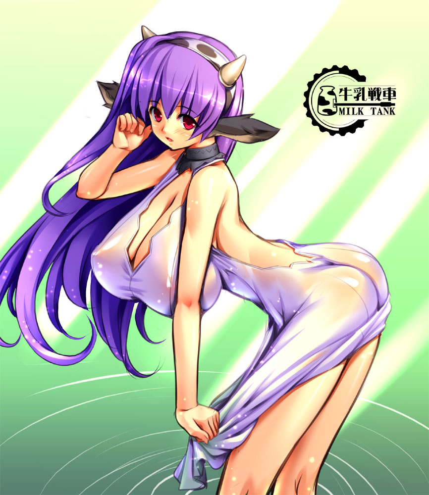 gunner-l, arin (pangya), pangya, 1girl, animal ears, ass, breasts, cow ears, cow girl, female focus, horns, huge breasts, long hair, purple hair, red eyes, see-through clothes, skinny, solo, wet, wet clothes