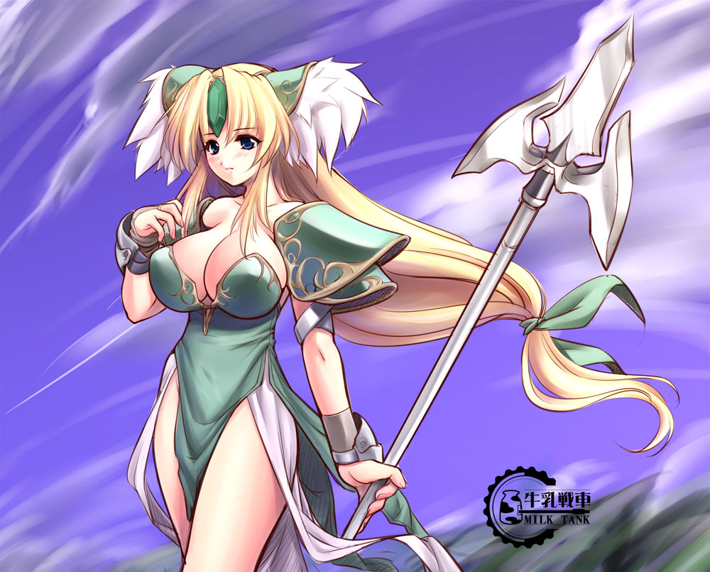 gunner-l, riesz, seiken densetsu, seiken densetsu 3, 1girl, armor, blonde hair, blue eyes, breasts, cleavage, female focus, huge breasts, long hair, low-tied long hair, polearm, solo, spear, weapon