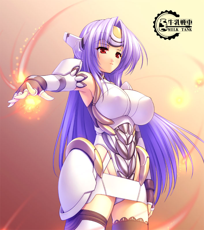 gunner-l, kos-mos, xenosaga, 00s, 1girl, armor, asymmetrical legwear, blue hair, breasts, cowboy shot, female focus, fire, gloves, huge breasts, leotard, long hair, magic, mismatched legwear, red eyes, solo, thighhighs