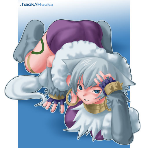 sango (53box), ouka (.hack//), .hack//, .hack//tasogare no udewa densetsu, bandai, cyber connect 2, silver hair, 00s, all fours, animal ears, blue eyes, collar, earrings, hoop earrings, jewelry, short hair, smile, solo, tattoo