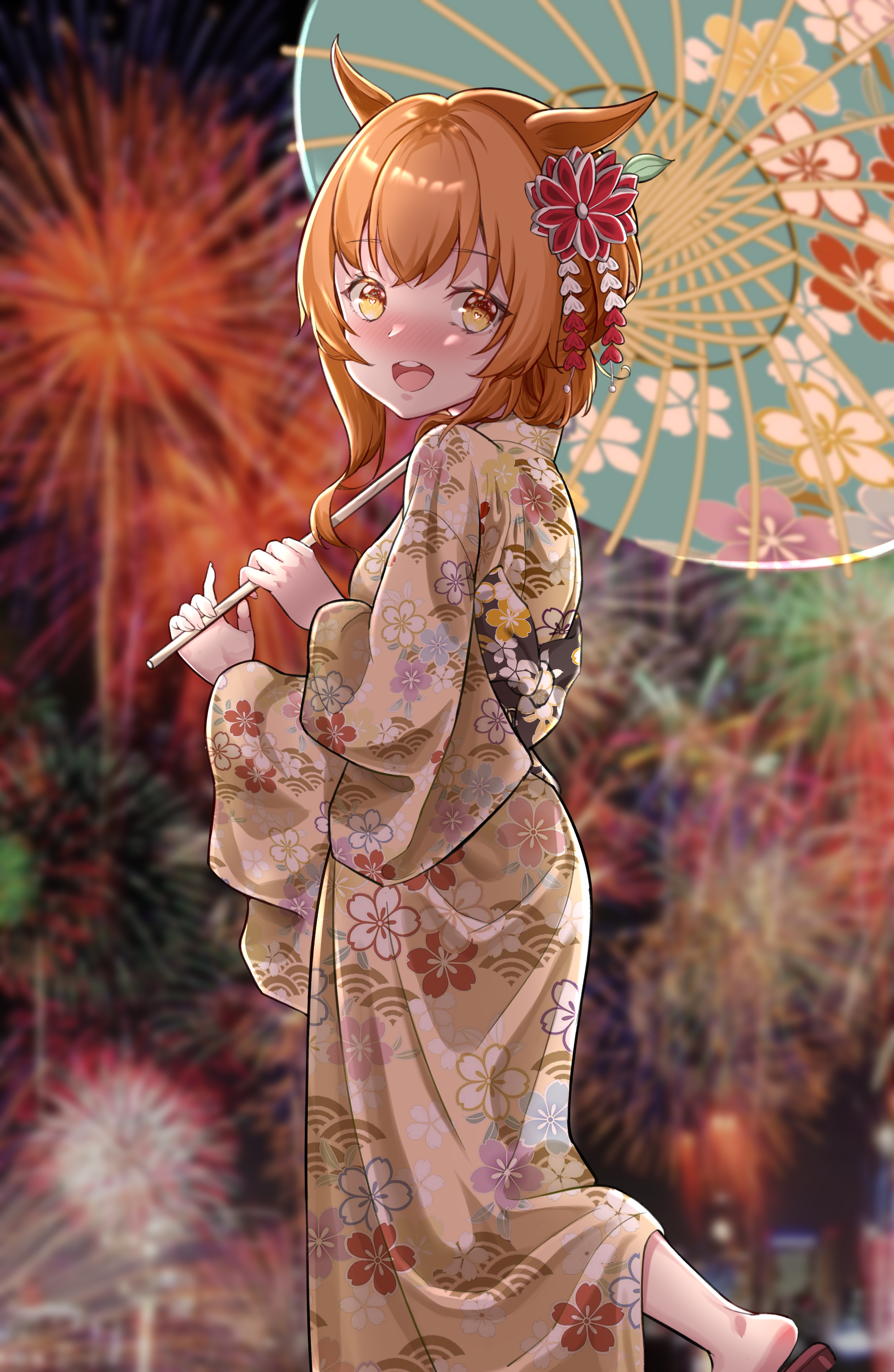 senbonsang, mayano top gun (umamusume), umamusume, absurdres, chinese commentary, commentary request, commission, highres, 1girl, :d, aerial fireworks, animal ears, blurry, blush, breasts, cowboy shot, depth of field, festival, fingernails, fireworks, floral print, flower, flower hairpin, green umbrella, hair ornament, holding, horse ears, horse girl, japanese clothes, kimono, leg up, long sleeves, looking at viewer, medium hair, night, oil-paper umbrella, open mouth, orange eyes, orange hair, outdoors, print kimono, red sandals, sandals, small breasts, smile, solo, summer festival, tachi-e, teeth, umbrella, upper teeth only, wide sleeves, yellow kimono, yukata