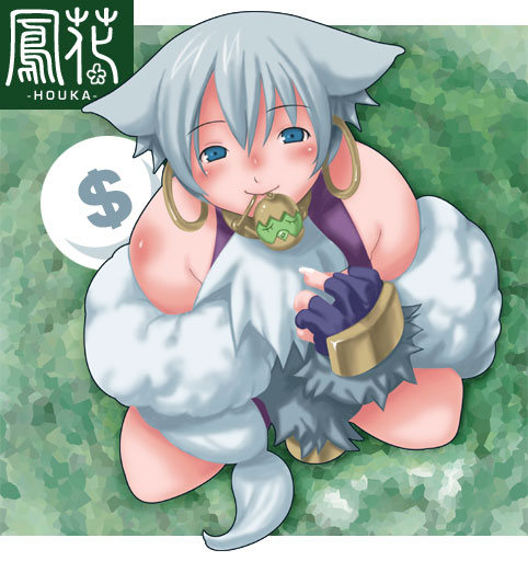 sango (53box), ouka (.hack//), .hack//, .hack//tasogare no udewa densetsu, bandai, cyber connect 2, silver hair, 00s, animal ears, blue eyes, collar, earrings, hoop earrings, jewelry, short hair, smile, solo