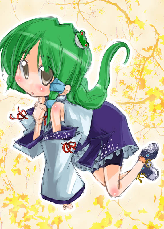 tao, tao (kadoya), kochiya sanae, touhou, 1girl, chibi, detached sleeves, female focus, frog hair ornament, green hair, hair ornament, long hair, snake hair ornament, solo