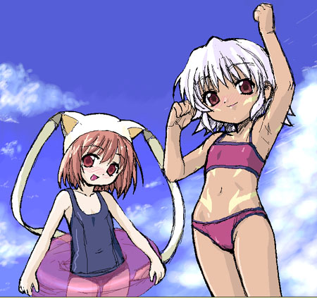 kotobuki hajime, kunisaki rena, mireille (.hack//), .hack//, .hack//tasogare no udewa densetsu, bandai, cyber connect 2, lowres, 00s, 2girls, bikini, blush, brown hair, cloud, covered navel, dark-skinned female, dark skin, day, innertube, markings, multiple girls, navel, one-piece swimsuit, open mouth, pink hair, school swimsuit, short hair, sky, smile, strapless, swim ring, swimsuit, tube top, white hair