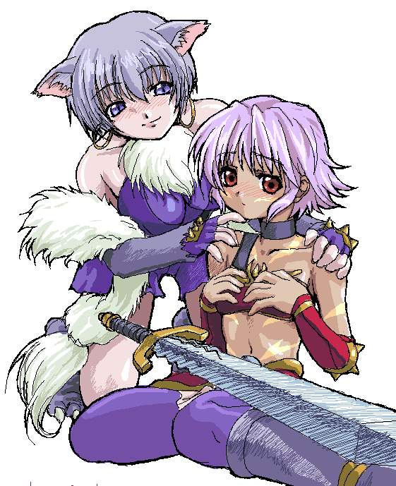 kotobuki hajime, kunisaki rena, ouka (.hack//), .hack//, .hack//tasogare no udewa densetsu, bandai, cyber connect 2, silver hair, jpeg artifacts, 00s, 2girls, animal ears, armor, blue eyes, collar, dark-skinned female, dark skin, earrings, hoop earrings, jewelry, multiple girls, oekaki, pantyhose, pink hair, short hair, sword, weapon