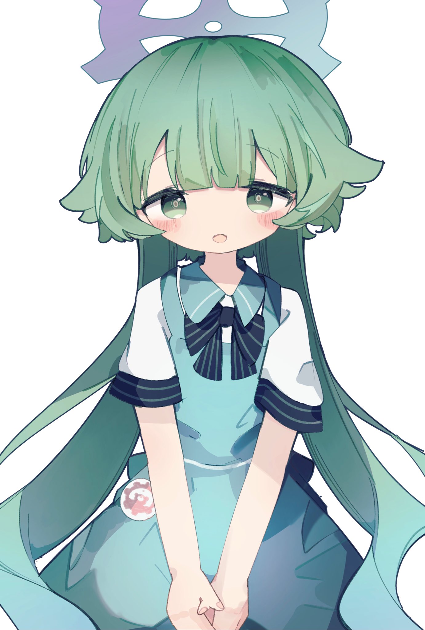 vonvondx, momiji (blue archive), blue archive, highres, 1girl, alternate costume, blue halo, bow, coat, green eyes, green hair, halo, long hair, looking at viewer, open mouth, school uniform, short hair with long locks, simple background, solo, unworn coat