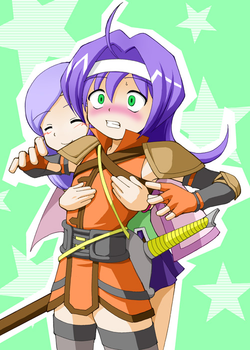 earth ekami, ilyana (fire emblem), mia (fire emblem), fire emblem, fire emblem: path of radiance, fire emblem: radiant dawn, nintendo, 2girls, blush, breasts, closed eyes, elbow gloves, embarrassed, gloves, grabbing another's breast, green eyes, groping, multiple girls, purple hair, small breasts, smile, sword, thighhighs, weapon, yuri, zettai ryouiki