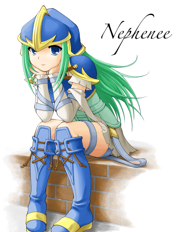 earth ekami, nephenee (fire emblem), fire emblem, fire emblem: path of radiance, fire emblem: radiant dawn, nintendo, armor, blue armor, blue boots, blue eyes, boots, character name, elbow gloves, gloves, green hair, helmet, solo