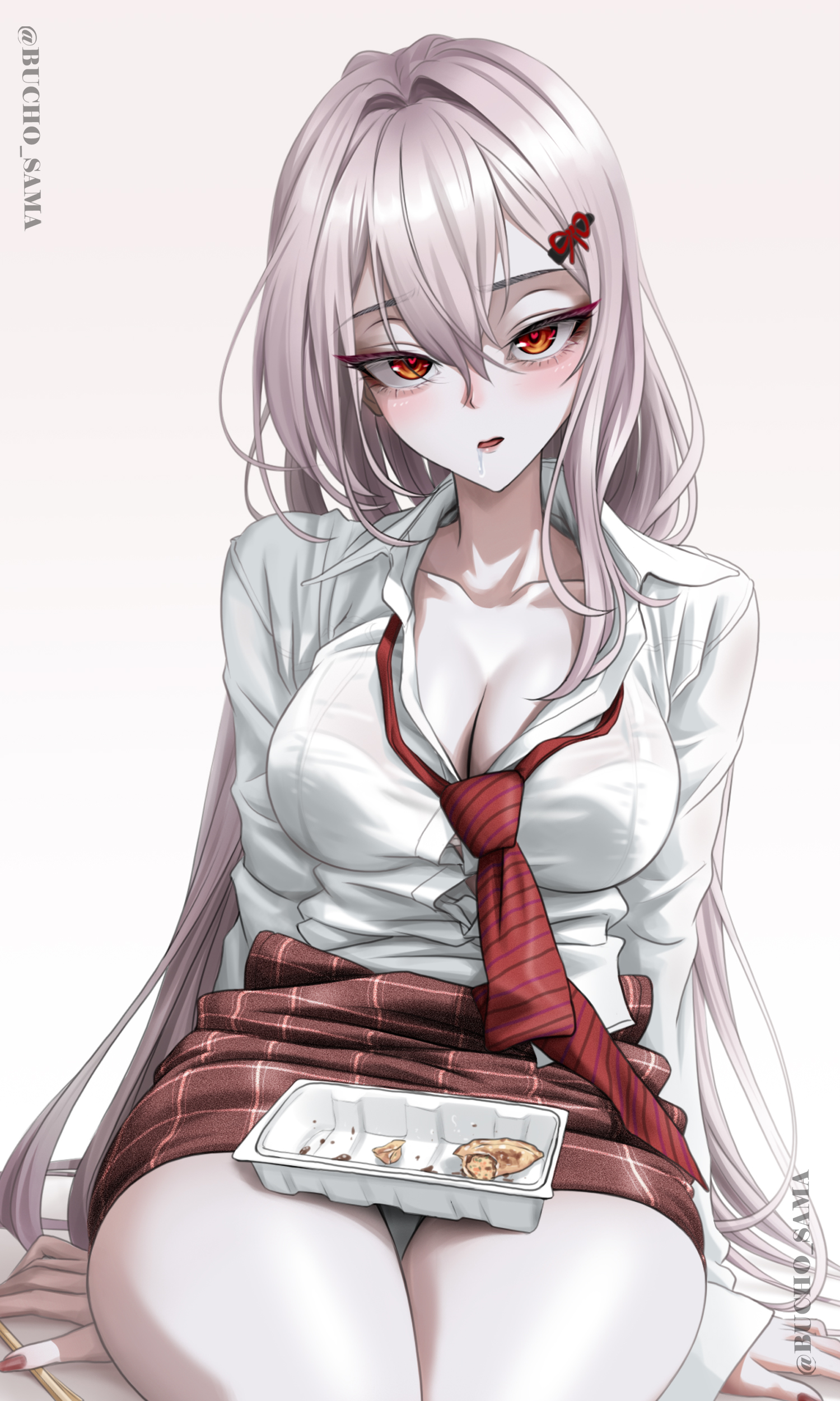 bucho sama, scarlet (nikke), goddess of victory: nikke, absurdres, highres, 1girl, bare legs, blush, breasts, brown eyes, cleavage cutout, clothing cutout, collarbone, hair between eyes, heart, heart-shaped pupils, large breasts, long hair, looking at viewer, miniskirt, necktie, open mouth, panties, pencil skirt, pink hair, red nails, red necktie, red skirt, saliva, sidelocks, skirt, solo, symbol-shaped pupils, underwear, white panties