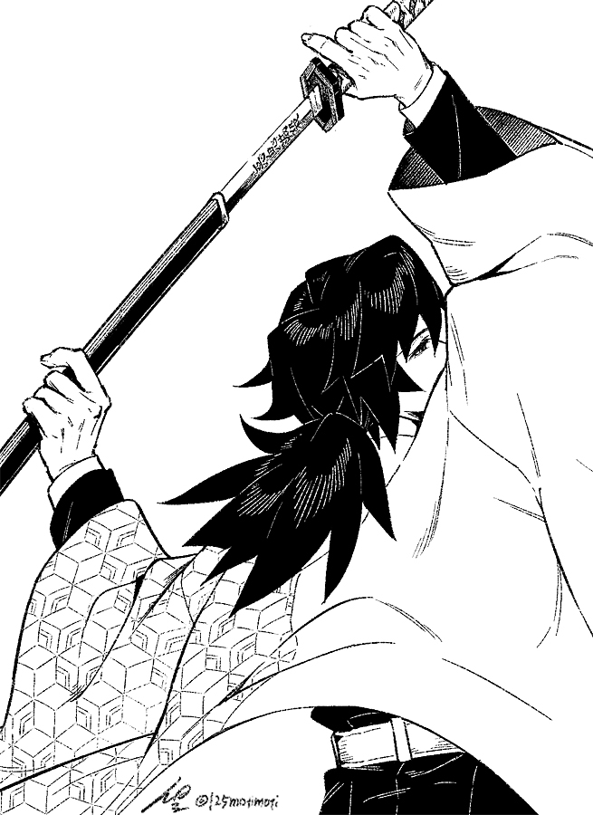 sujiko (125motimoti), tomioka giyuu, kimetsu no yaiba, 1boy, belt, black hair, black jacket, black pants, demon slayer uniform, from behind, greyscale, haori, holding, holding sword, holding weapon, jacket, japanese clothes, katana, kikkoumon, low ponytail, male focus, monochrome, pants, ponytail, print haori, simple background, solo, spiked hair, sword, twitter username, weapon, white background, white belt