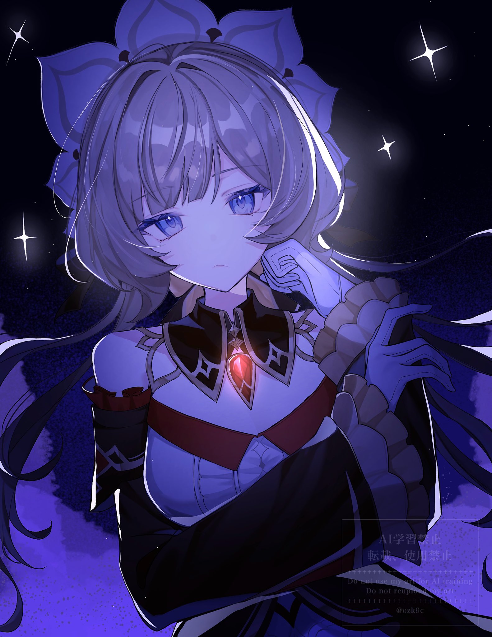 sandrone (genshin impact), genshin impact, highres, blue eyes, breasts, brown hair, cleavage, detached sleeves, dress, expressionless, gloves, long hair, looking at viewer, maid headdress, medium breasts, ozk9c, solo, twintails, watermark, white gloves
