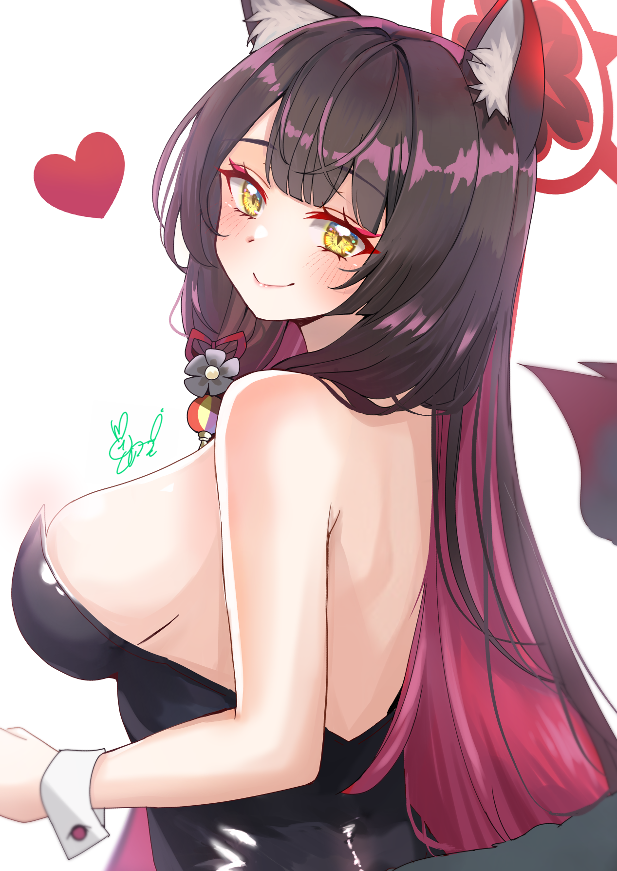 midori oekk, wakamo (blue archive), blue archive, highres, 1girl, alternate costume, animal ear fluff, animal ears, bare arms, bare shoulders, black hair, black leotard, blush, breasts, closed mouth, colored inner hair, fox ears, fox girl, fox tail, from side, halo, large breasts, leotard, multicolored hair, nontraditional playboy bunny, red hair, red halo, smile, solo, tail, two-tone hair, upper body, wrist cuffs, yellow eyes