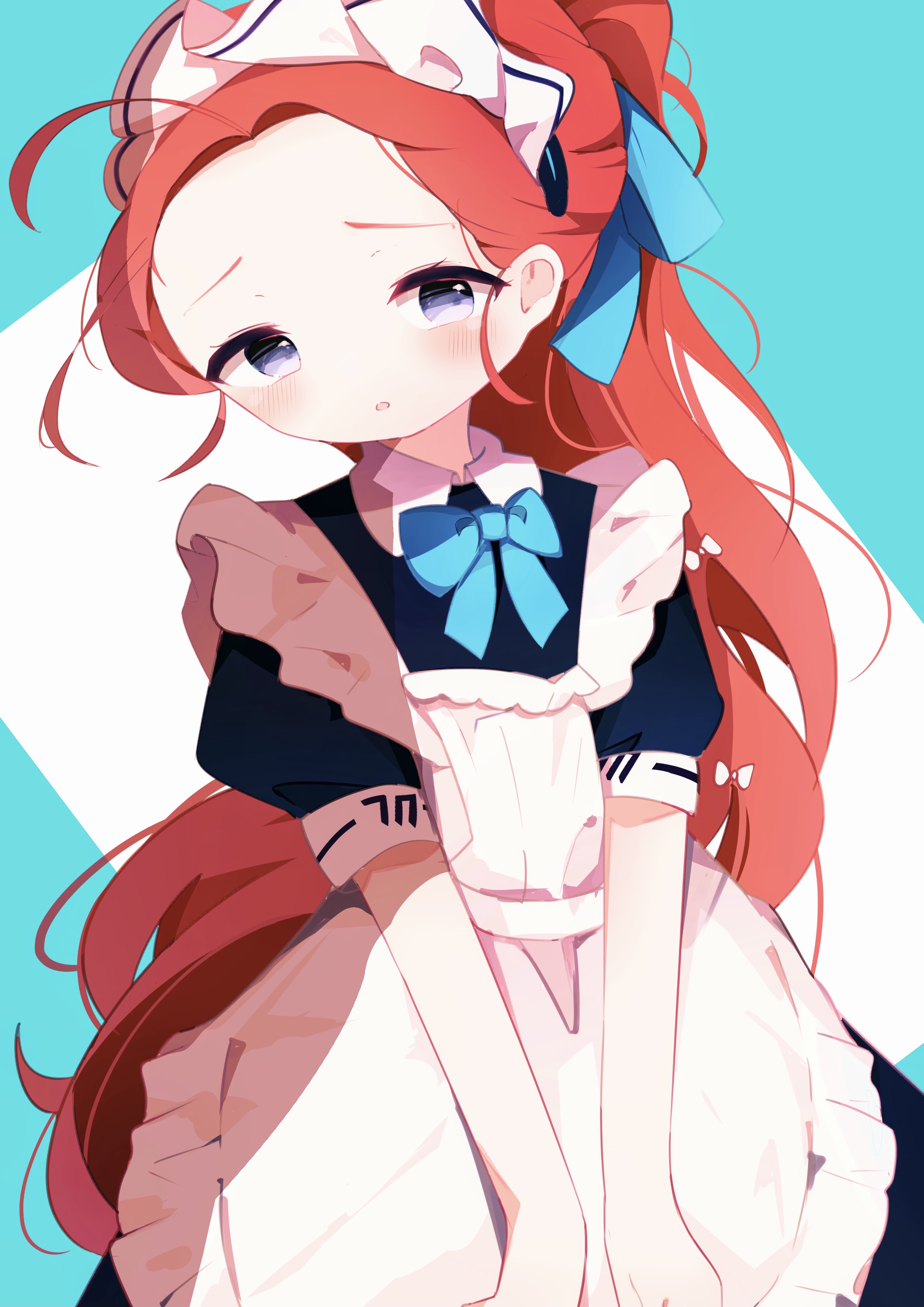 vonvondx, yuzu (blue archive), yuzu (maid) (blue archive), blue archive, absurdres, commentary, highres, 1girl, apron, black dress, blush, bow, dress, forehead, frills, halo, long hair, looking at viewer, maid, maid apron, maid headdress, official alternate costume, parted lips, ponytail, red hair, short sleeves, solo, white apron