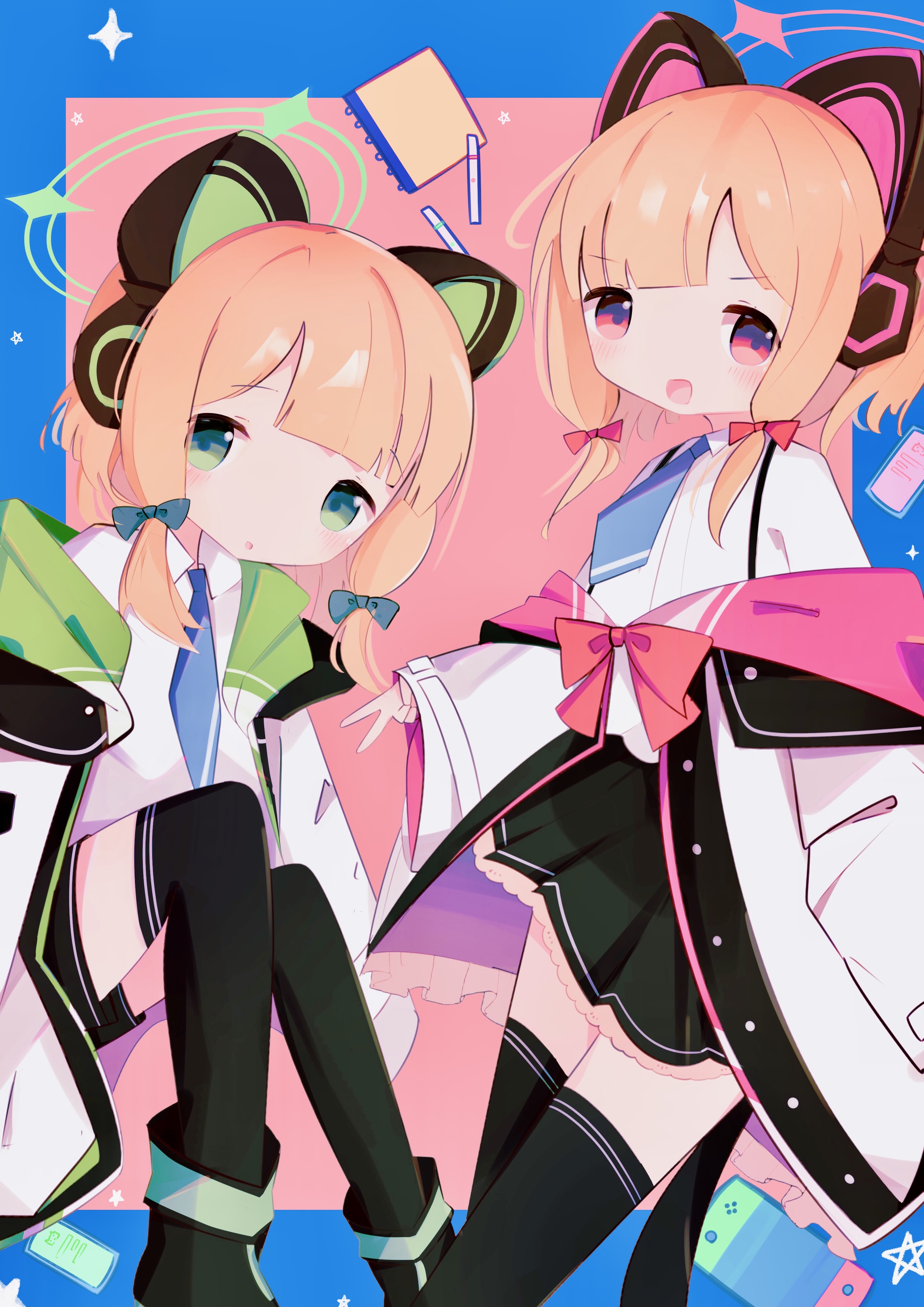 vonvondx, midori (blue archive), momoi (blue archive), blue archive, absurdres, commentary request, highres, 2girls, animal ear headphones, animal ears, black thighhighs, blonde hair, blush, bow, cat ear headphones, fake animal ears, green eyes, green halo, hair bow, halo, headphones, jacket, long sleeves, looking at viewer, multiple girls, necktie, open mouth, parted lips, pink halo, shirt, short hair, siblings, sisters, smile, tail, thighhighs, twins