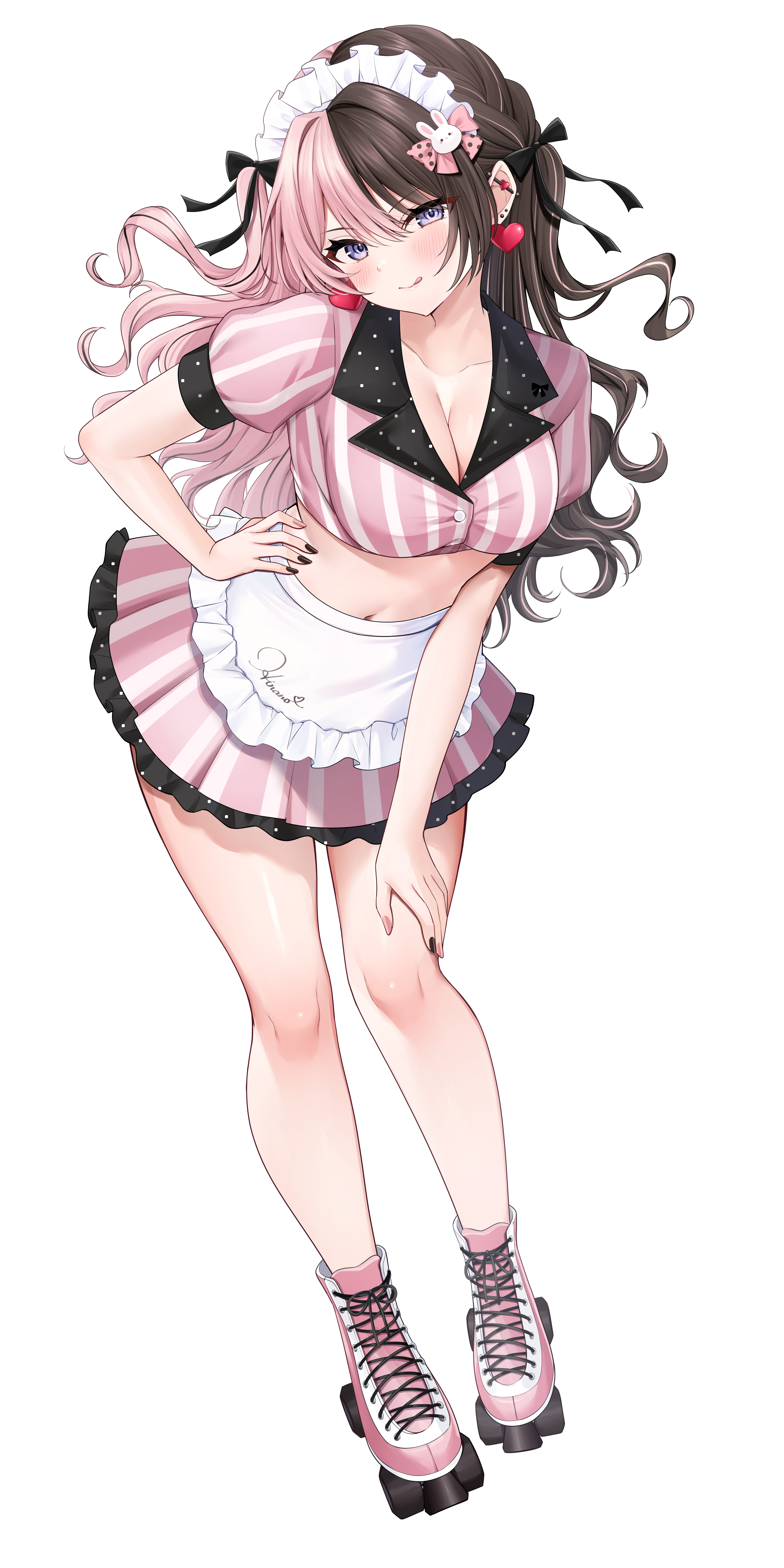 neko neneko, tachibana hinano, vspo!, absurdres, highres, 1girl, apron, black hair, black nails, breasts, carhop, cleavage, closed mouth, collared shirt, cropped shirt, full body, headdress, large breasts, leaning forward, long hair, looking at viewer, midriff, multicolored hair, navel, pink hair, pink nails, shirt, short sleeves, simple background, smile, solo, split-color hair, thighs, tongue, tongue out, two-tone hair, virtual youtuber, white apron, white background