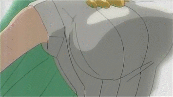 sonozaki shion, higurashi no naku koro ni, animated, animated gif, anime screenshot, lowres, 00s, 1girl, bouncing breasts, breasts, female focus, green eyes, green hair, large breasts, long hair, matching hair/eyes, sleeveless, solo