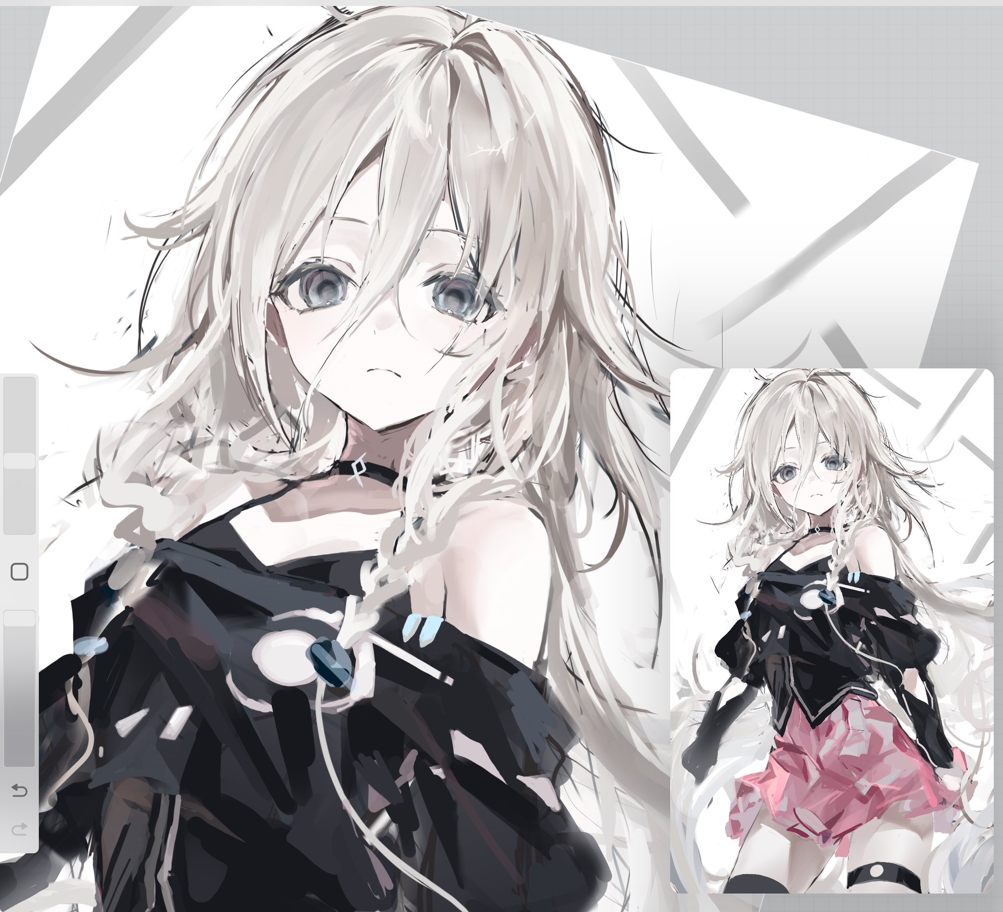 toqha3247, ia (vocaloid), vocaloid, highres, 1girl, ahoge, asymmetrical legwear, bare shoulders, blonde hair, blue eyes, braid, grey hair, hair between eyes, kneehighs, long hair, looking at viewer, off-shoulder shirt, off shoulder, pink hair, pink skirt, shirt, single kneehigh, single sock, single thighhigh, skirt, smile, socks, solo, thigh strap, thighhighs, twin braids, uneven legwear, very long hair