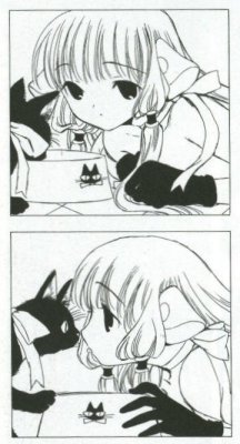 clamp, clamp (circle), chii, chobits, lowres, official art, 00s, 1girl, animal, blunt bangs, bowl, cat, close-up, comic, from side, gloves, greyscale, monochrome, pet bowl, profile, ribbon, short hair, silent comic, table, upper body