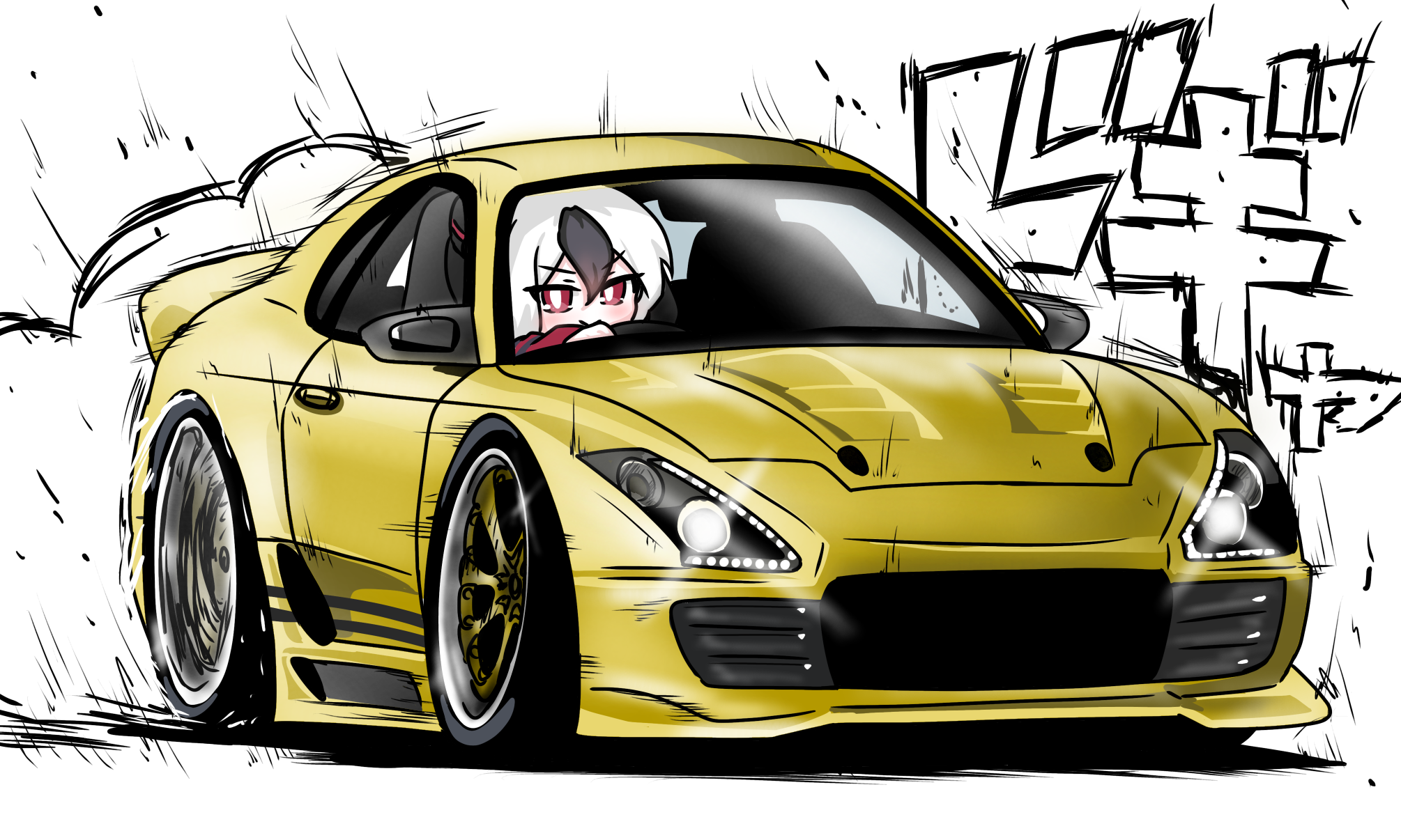 tomimon, kayoko (blue archive), blue archive, toyota supra, commentary request, highres, translation request, >:), 1girl, black hair, car, closed mouth, driving, hair between eyes, horns, long sleeves, motor vehicle, multicolored hair, red eyes, shadow, smile, smoke, solo, two-tone hair, v-shaped eyebrows, white background, white hair