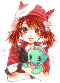 may (pokemon), squirtle, nintendo, pokemon, pokemon rse, lowres, 00s, 1girl, bandana, brown eyes, brown hair, clothed pokemon, flower, flower necklace, gen 1 pokemon, hair flower, hair ornament, head wreath, jewelry, necklace, pokemon (creature), simple background, smile, white background