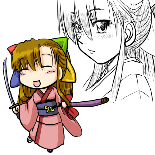 dd (ijigendd), 95-tan, os-tan, lowres, 1girl, chibi, half updo, japanese clothes, katana, monochrome, sketch, sword, weapon
