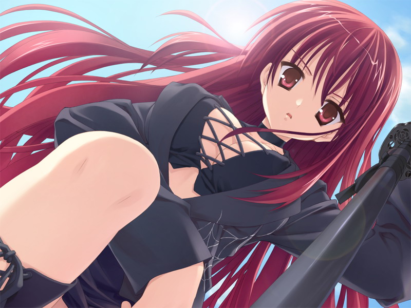 kobuichi, muririn, kifune mio, empty x embryo, game cg, 1girl, breasts, choker, cleavage, dutch angle, female focus, from below, large breasts, lens flare, long hair, red eyes, red hair, solo, spider web print, sun, sword, weapon