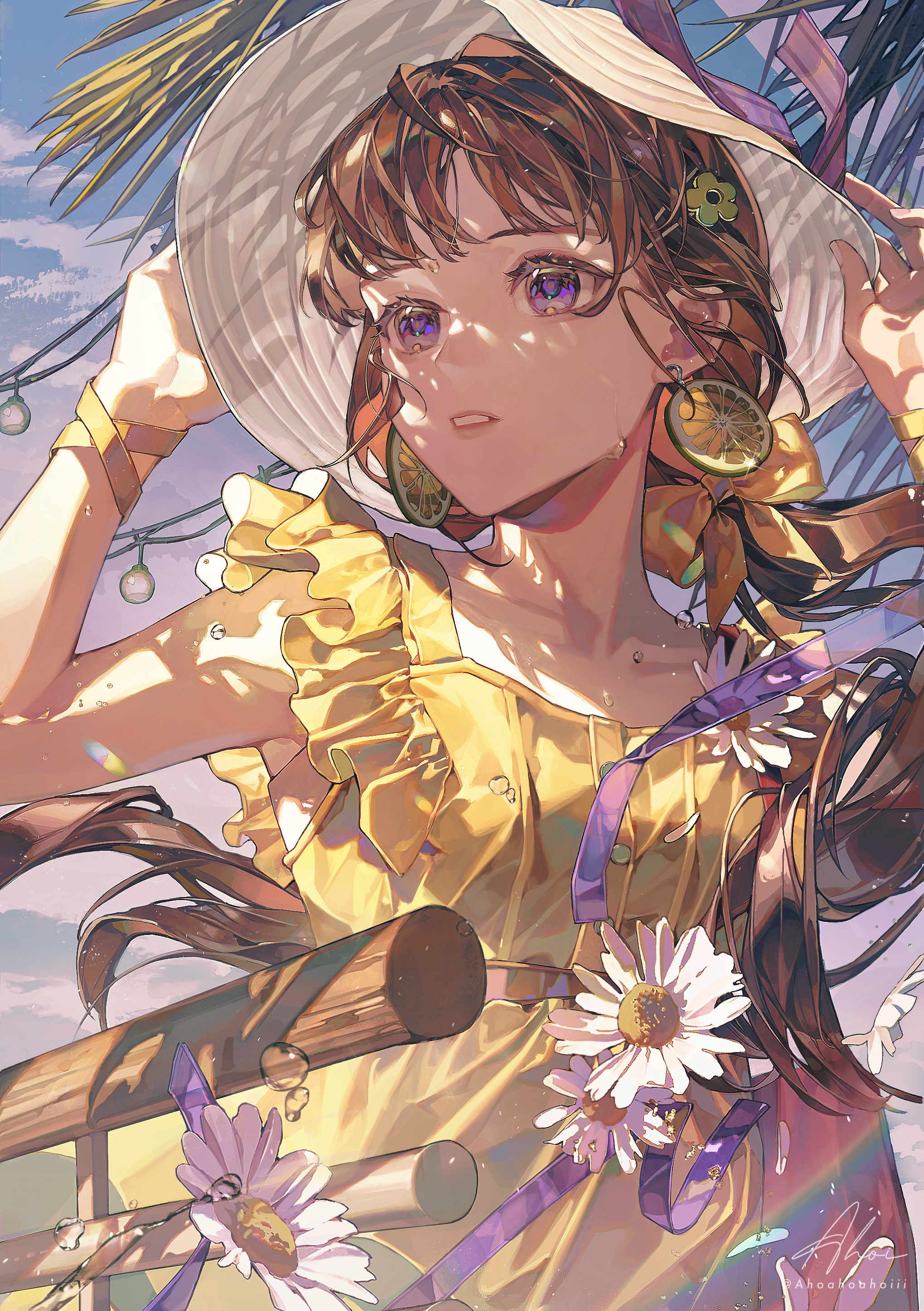 ahoi, original, absurdres, commentary request, highres, 1girl, artist name, bow, brown hair, day, dress, dress flower, earrings, eyelashes, flower, frilled dress, frills, fruit earrings, hair bow, hair ornament, hairpin, hands up, hat, jewelry, long hair, outdoors, parted lips, purple eyes, shade, signature, sleeveless, sleeveless dress, solo, summer, sunlight, sweatdrop, upper body, white flower, white hat, wispy bangs, yellow bow, yellow dress