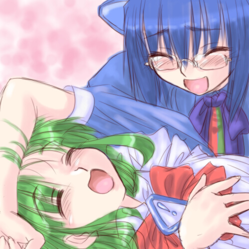 dd (ijigendd), 2k-tan, me-tan, os-tan, lowres, 2girls, closed eyes, glasses, green hair, laughing, multiple girls