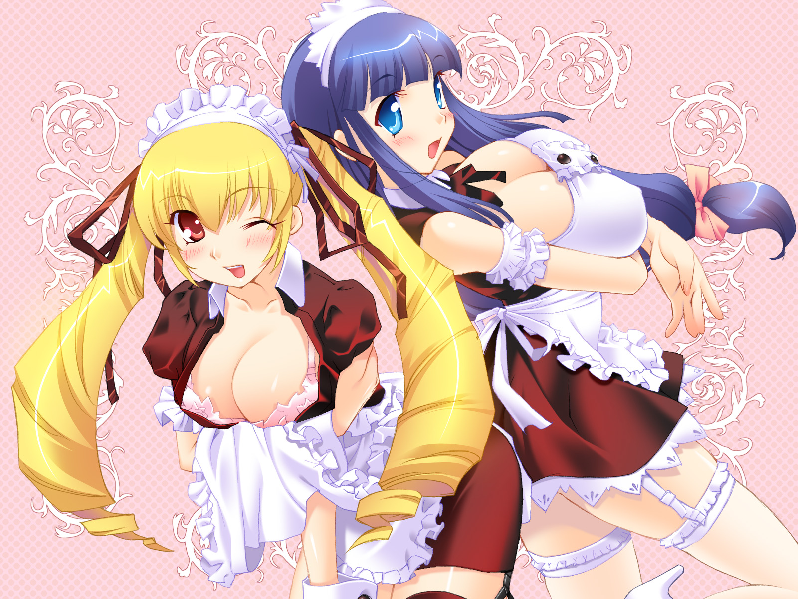 karen (artist), fuutou shizune, shinmeiji rinn, oshioki sweetie, breast hold, highres, 2girls, :d, ;d, apron, arm garter, armband, ass, ass-to-ass, back-to-back, blonde hair, blue eyes, blue hair, blunt bangs, blush, bow, bra, breasts, checkered background, cleavage, covered erect nipples, drill hair, frills, garter belt, garter straps, hair bow, hair ribbon, high heels, huge breasts, large breasts, leaning forward, leg lift, lingerie, long hair, looking at viewer, looking back, maid, maid apron, maid headdress, multiple girls, one eye closed, open mouth, pink bra, ponytail, red eyes, ribbon, shoes, sideboob, sidelocks, smile, standing, standing on one leg, thighhighs, twin drills, twintails, underwear, waist apron, wink, wrist cuffs, zettai ryouiki