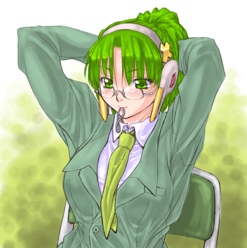 dd (ijigendd), homeko, xp home-tan, xphome, os-tan, lowres, formal clothes, glasses, green eyes, green hair, mouth hold, ponytail, solo, suit