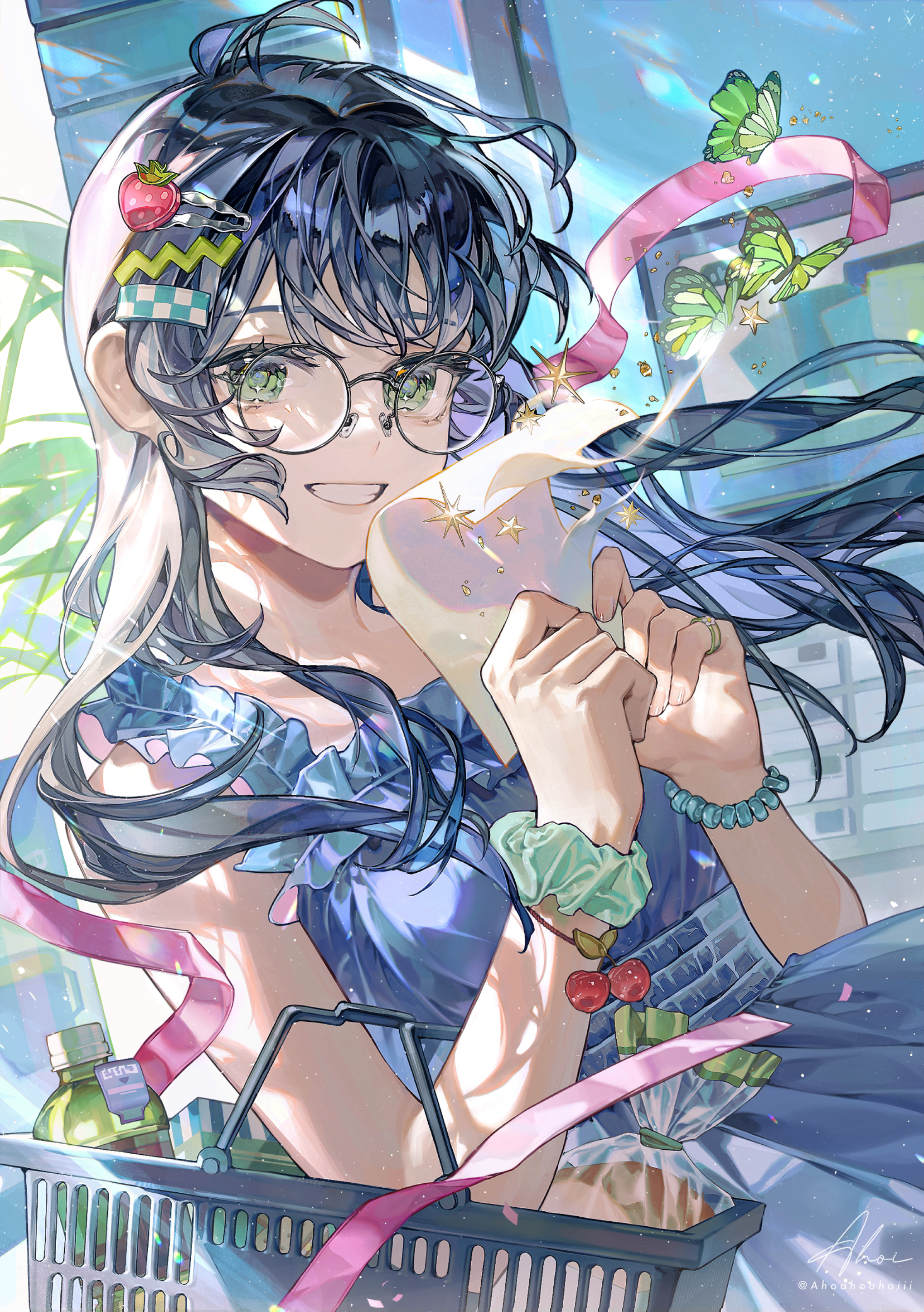 ahoi, original, absurdres, commentary request, highres, 1girl, basket, black hair, blue dress, bottle, bracelet, bug, butterfly, dress, floating hair, food-themed hair ornament, glasses, green butterfly, green eyes, green scrunchie, grin, hair ornament, hairpin, insect, jewelry, long hair, round eyewear, scrunchie, shopping, sidelocks, sleeveless, sleeveless dress, smile, solo, star (symbol), strawberry hair ornament, upper body, wispy bangs, wrist scrunchie