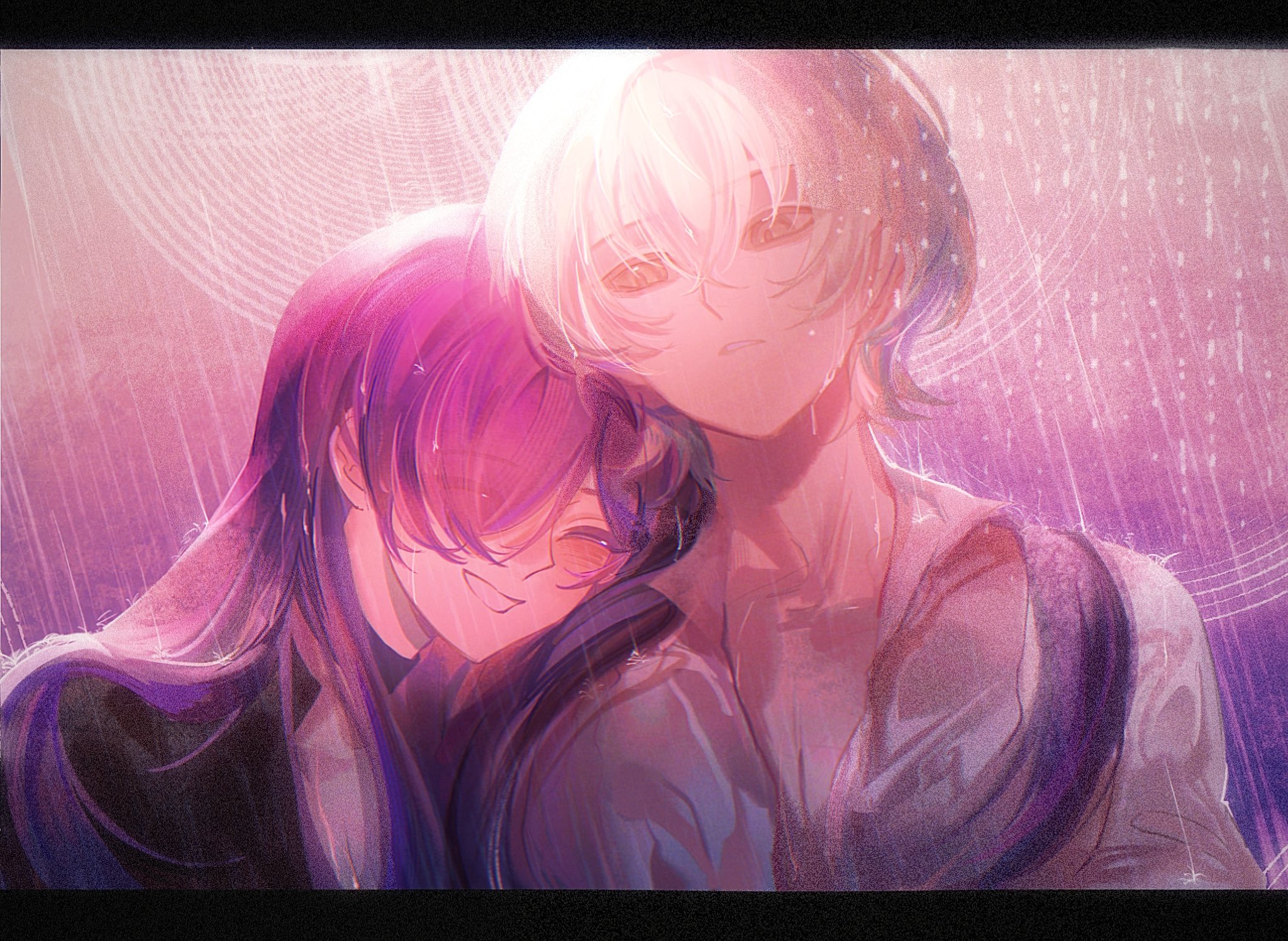 anshango, female shez (fire emblem), male byleth (enlightened) (fire emblem), male byleth (fire emblem), fire emblem, fire emblem: three houses, fire emblem warriors: three hopes, nintendo, commentary, highres, symbol-only commentary, 1boy, 1girl, black shirt, blush, closed eyes, collared shirt, green hair, hair between eyes, hair over one eye, head on another's shoulder, long hair, looking at another, one eye covered, partially open shirt, rain, shirt, short hair, smile, wet, white shirt