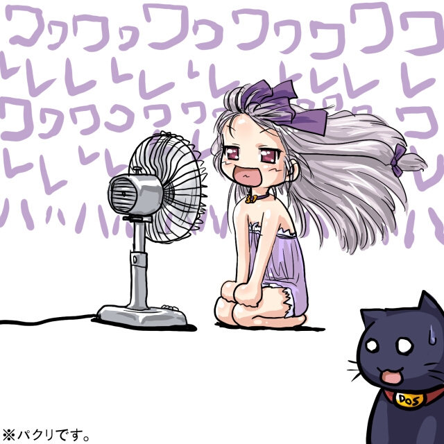 dd (ijigendd), 3.1-tan, dos cat, os-tan, 1girl, electric fan, fanning face, fanning self, female focus, seiza, sitting, solo, talking into fan