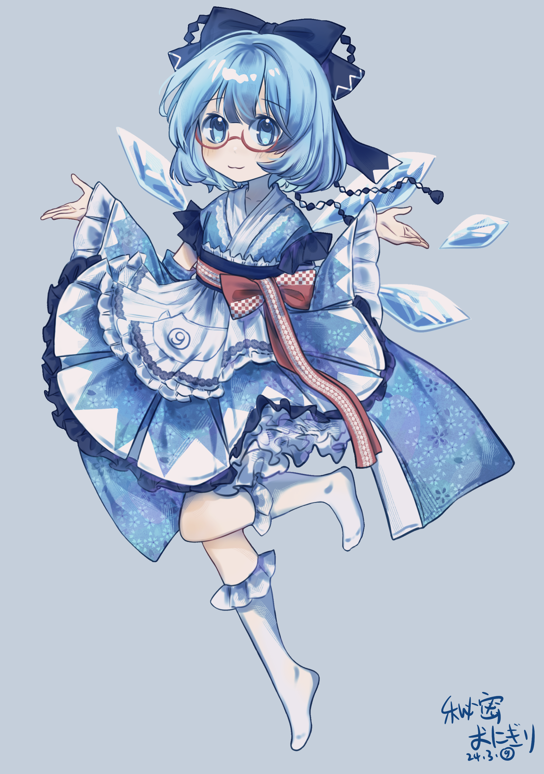 himitsu onigiri, cirno, touhou, absurdres, commentary, highres, symbol-only commentary, 1girl, :3, alternate costume, apron, bloomers, blue bow, blue eyes, blue hair, blue kimono, blue skirt, blush, bow, checkered bow, checkered clothes, floral print, floral print kimono, full body, grey background, hair bow, hands up, hat tassel, ice, ice wings, japanese clothes, kimono, knees, looking at viewer, medium hair, print kimono, red-framed eyewear, red bow, red sash, sash, shrugging, skirt, socks, solo, underwear, white apron, white bloomers, white socks, wings