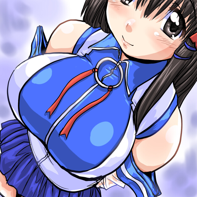 dd (ijigendd), xp-tan, os-tan, 1girl, bare shoulders, blue skirt, blush, breasts, brown eyes, brown hair, female focus, from above, hair ornament, hairpin, huge breasts, impossible clothes, impossible shirt, large breasts, looking at viewer, looking up, shiny skin, shirt, skirt, solo